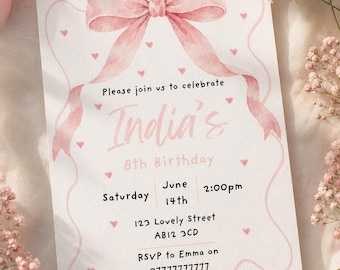 Pink Bow Birthday Invitation | Editable Canva Template | Coquette Girl Birthday Party Invite | Printable Digital Download| Watercolour