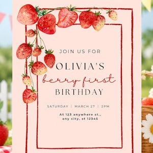 Puede incluir: Una tarjeta de invitación de cumpleaños rectangular sobre un fondo rosa claro con un borde rojo dibujado a mano y fresas en acuarela. El texto dice: JOIN US FOR OLIVIA'S berry first BIRTHDAY, SATURDAY | MARCH 27 | 2PM, At 123 anywhere st., any city, st 12345.