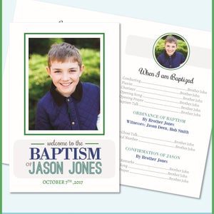 Peut inclure: Un modèle de programme de baptême imprimable avec une photo d'un jeune garçon. Le programme comprend le texte "Quand je suis baptisé" et "Bienvenue au baptême de Jason Jones, le 7 octobre 2017".