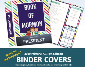 2020 Primary Binder Covers: lesson schedule, sunday schedule, book of mormon, primary kids. generic lds primary printables