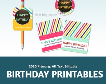 2020 Primary Birthday Tags, treat bag toppers, Pencil topper:  Come Follow Me, Book of Mormon, Multiple languages