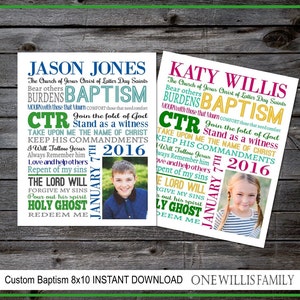 May include: A colorful baptism announcement with a photo of a young boy and girl. The announcement features the text "The Church of Jesus Christ of Latter Day Saints" and "CTR" with the date "January 7th, 2016".