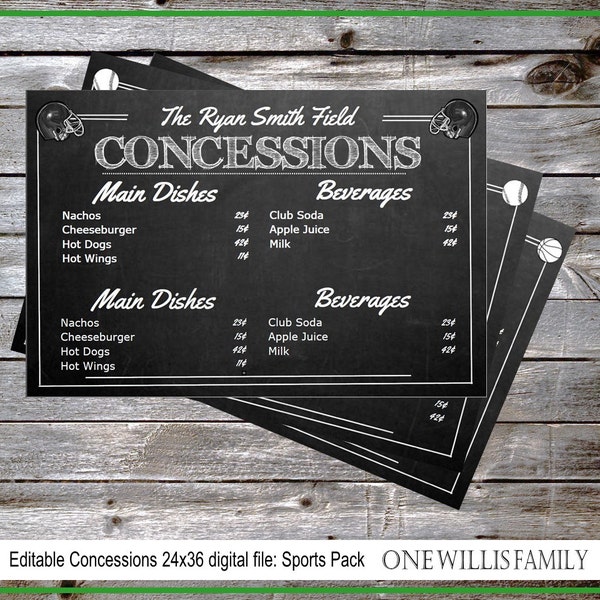 DIY Concessions Sign 36x24: INSTANT DOWNLOAD sports pack, Basketball, Football, Baseball