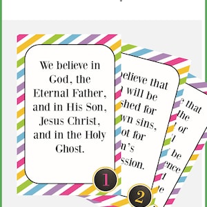 May include: Printable poster titled "Articles of Faith" with text from the Articles of Faith. The poster is 11x17 inches and features three cards with text on a white background, outlined in colorful diagonal stripes.