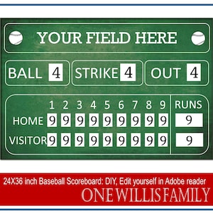 May include: A green chalkboard baseball scoreboard with white text and numbers. The scoreboard has sections for "Ball", "Strike", "Out", "Home", and "Visitor". The scoreboard also has a section for "Runs" with a grid of 9 squares for each team. The scoreboard is 24 inches by 36 inches and is labeled "One Willis Family".
