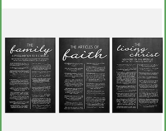 Family Proclamation, Living Christ, Articles of Faith Printable: Chalkboard LDS Printable Trio. 24x36, 11x17, and 4x6