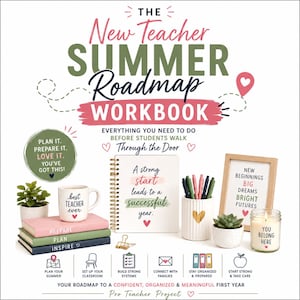May include: The New Teacher Summer Roadmap Workbook features a spiral-bound planner, a mug labeled Best Teacher Ever, a stack of books labeled Prepare, Plan, Inspire, a pen holder with a gold heart, a framed sign, a candle, and small potted plants.