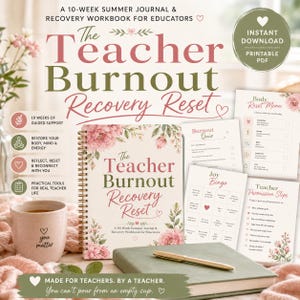 May include: A 10-week summer journal and recovery workbook for educators titled The Teacher Burnout Recovery Reset. The set includes a spiral-bound book, a green notebook, a pen, and printable pages featuring a Burnout Quiz, Body Reset Menu, Joy Bingo, and Teacher Permission Slips. A beige mug with the text you matter is included.