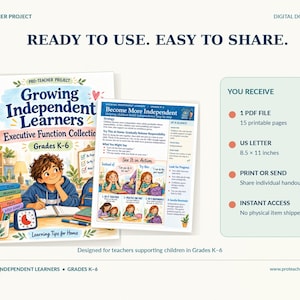 May include: A digital download titled Growing Independent Learners Executive Function Collection for grades K-6. It includes a 15-page PDF in US Letter 8.5 x 11 inches format, featuring illustrated educational materials for teachers and parents.