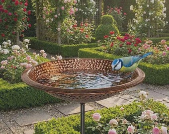 Hammered Copper Bird Bath with Stand, Freestanding Garden Bird Feeder Bowl Outdoor Metal Bird Bath, Rustic Patio Yard Decor, Bird Lover Gift