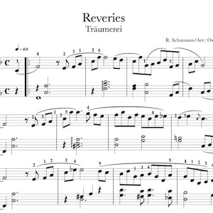Könnte beinhalten: Ein schwarz-weißes Notenblatt mit dem Titel Reveries Träumerei von R. Schumann, arrangiert von Oxana Berchein. Die Noten zeigen eine Klaviernotation mit Violinschlüssel und Bassschlüssel, Taktarten, Tempobezeichnungen und Fingersätzen.