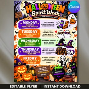 May include: A Halloween Spirit Week flyer featuring a schedule from Monday to Friday with daily themes. The design includes colourful text, illustrations of pumpkins, ghosts, a skeleton, a black cat, and a cauldron. The flyer lists activities like Mismatch Monday, Trick-or-Twin Tuesday, Wicked Hat Wednesday, Thrills & Chills Thursday, and Frightful Friday.