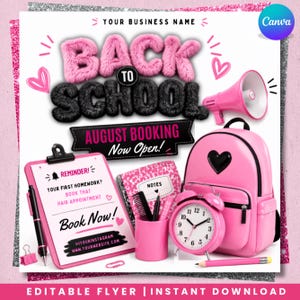 Puede incluir: Un folleto digital con el texto BACK TO SCHOOL en letras rosas y negras esponjosas, un megáfono rosa, una mochila rosa con un corazón, un despertador rosa, un portapapeles rosa con texto, un portalápices rosa y un lápiz rosa.