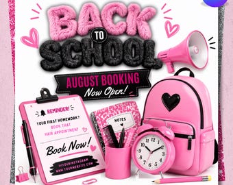 Flyer de réservation pour août, modèle de flyer beauté d'été, personnalisable avec Canva (coiffure, ongles, cils, maquillage), réservations ouvertes pour août, texte à personnaliser, téléchargement instantané