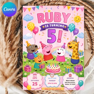 Pode incluir: Um convite de aniversário rosa com o texto Ruby is turning 5, decorado com animais, balões, um bolo e bandeirolas. O cartão inclui campos para data, hora e endereço: 25 de setembro, segunda-feira, 15h às 17h, Alice's House, 568 Oak Avenue, Dallas, TX 75201.
