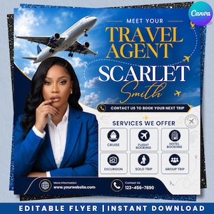 Puede incluir: Un folleto digital para una agente de viajes llamada Scarlet Smith con fondo azul, un avión comercial y una lista de servicios que incluye reservas de cruceros, vuelos, hoteles, excursiones, viajes en solitario y en grupo.