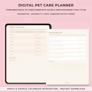 May include: A digital pet care planner displayed on a tablet screen and a separate page. The interface features a Weekly Training Log with columns for commands, duration, and ratings, alongside a Notes & Milestones page with lines for tracking.