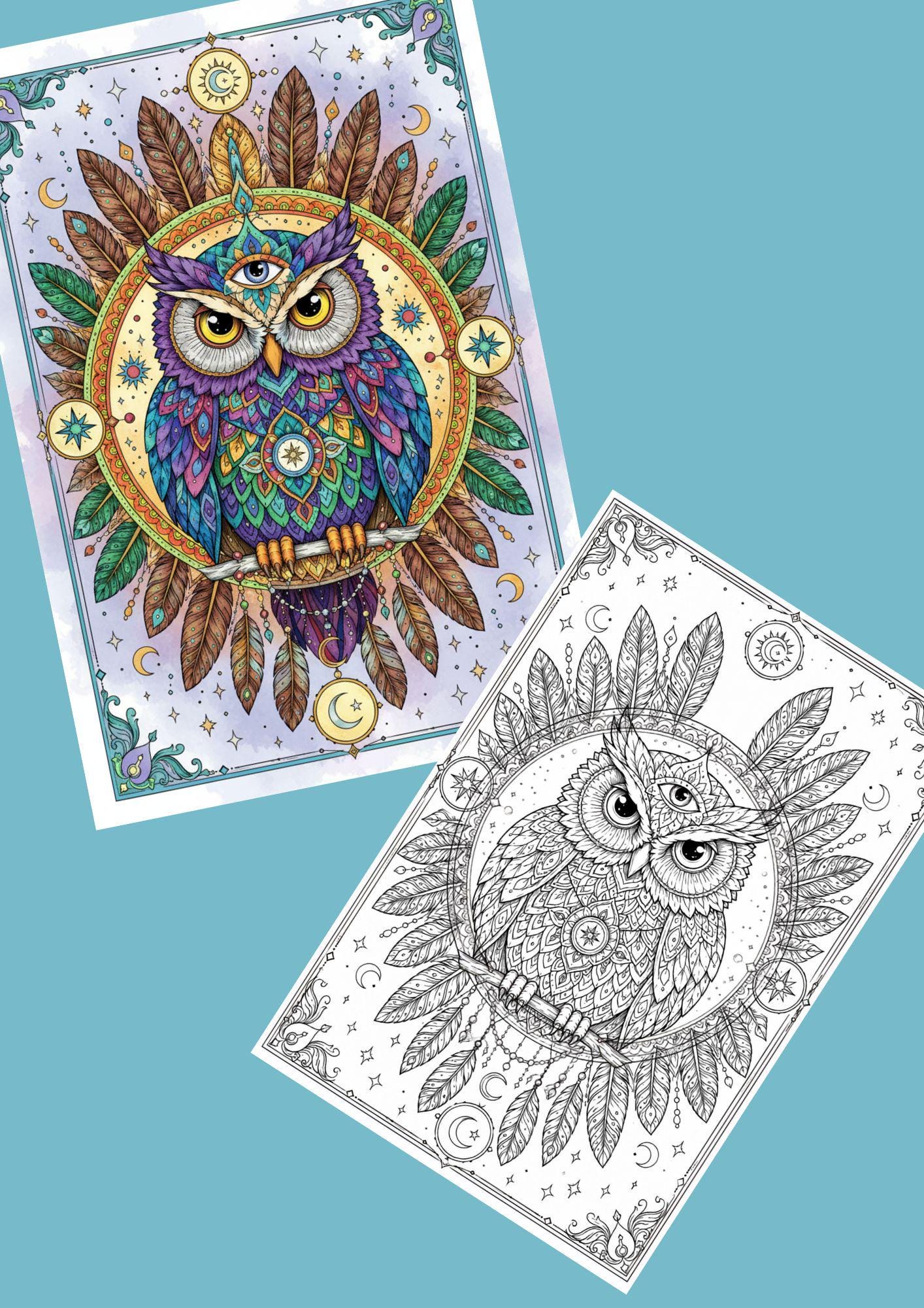 Mystical Owl Coloring Page | Printable Adult Coloring Sheet | Celestial Boho Owl Art | Instant Downl