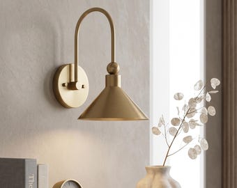Brass Wall Sconce, Mid Century Modern Swing Arm Wall Lamp, Bedside Light, Minimalist Cone Wall Light