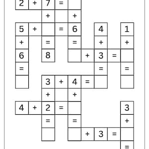Może przedstawiać: Czarno-biały arkusz edukacyjny zatytułowany PUZZLE ADDITION. Strona zawiera siatkę pustych pól ułożonych w układzie przypominającym krzyżówkę z różnymi liczbami, znakami plusa i znakami równości, służącymi do ćwiczenia podstawowego dodawania.