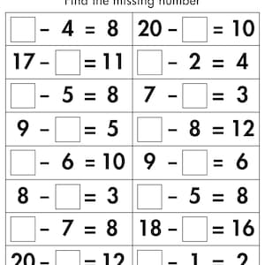May include: A black and white educational worksheet titled LET'S SOLVE! Find the missing number. It features two columns of subtraction equations with empty boxes for the missing values, plus lines for Name and Date at the top of the page.