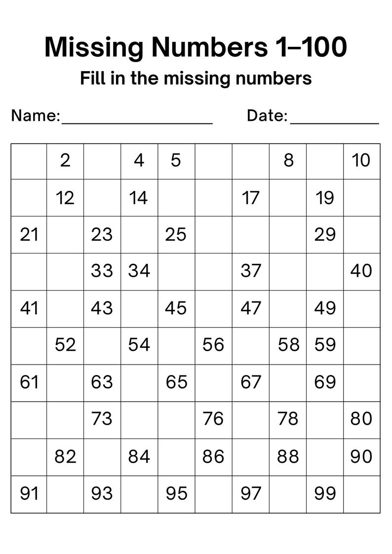10 Printable Missing Numbers 1–100 Worksheets | Number Chart Practice ...
