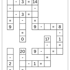 May include: A black and white educational worksheet titled PUZZLE SUBTRACTION featuring a grid of empty boxes, mathematical operators, and numbers including 3, 14, 9, 0, 17, 20, 1, 2, 6, and 4 arranged in a crossword-style layout for solving subtraction problems.