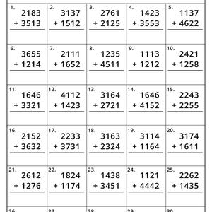 May include: A 4 Digit Addition math worksheet featuring thirty numbered problems arranged in a grid. The header includes the title 4 Digit Addition, with blank lines for Name, Date, and Score out of 30. Each cell contains two four-digit numbers stacked for addition.
