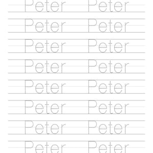 May include: A white educational worksheet featuring ten rows of practice lines. Each row contains two instances of the name Peter written in a gray dotted font, designed for handwriting practice and tracing the letters of the name.