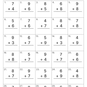May include: A white worksheet titled Single Digit Addition with thirty numbered math problems arranged in a grid. Each problem features two single-digit numbers stacked vertically with a plus sign and a horizontal line for the answer.