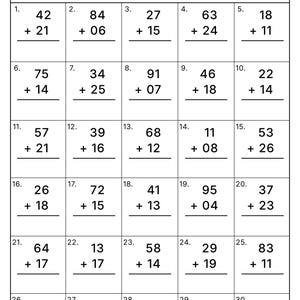 Puede incluir: Una hoja de ejercicios de suma de dos dígitos en blanco y negro con treinta problemas matemáticos en una cuadrícula. El encabezado incluye campos para Nombre, Fecha y Puntuación sobre 30. Cada casilla numerada contiene dos números de dos dígitos.