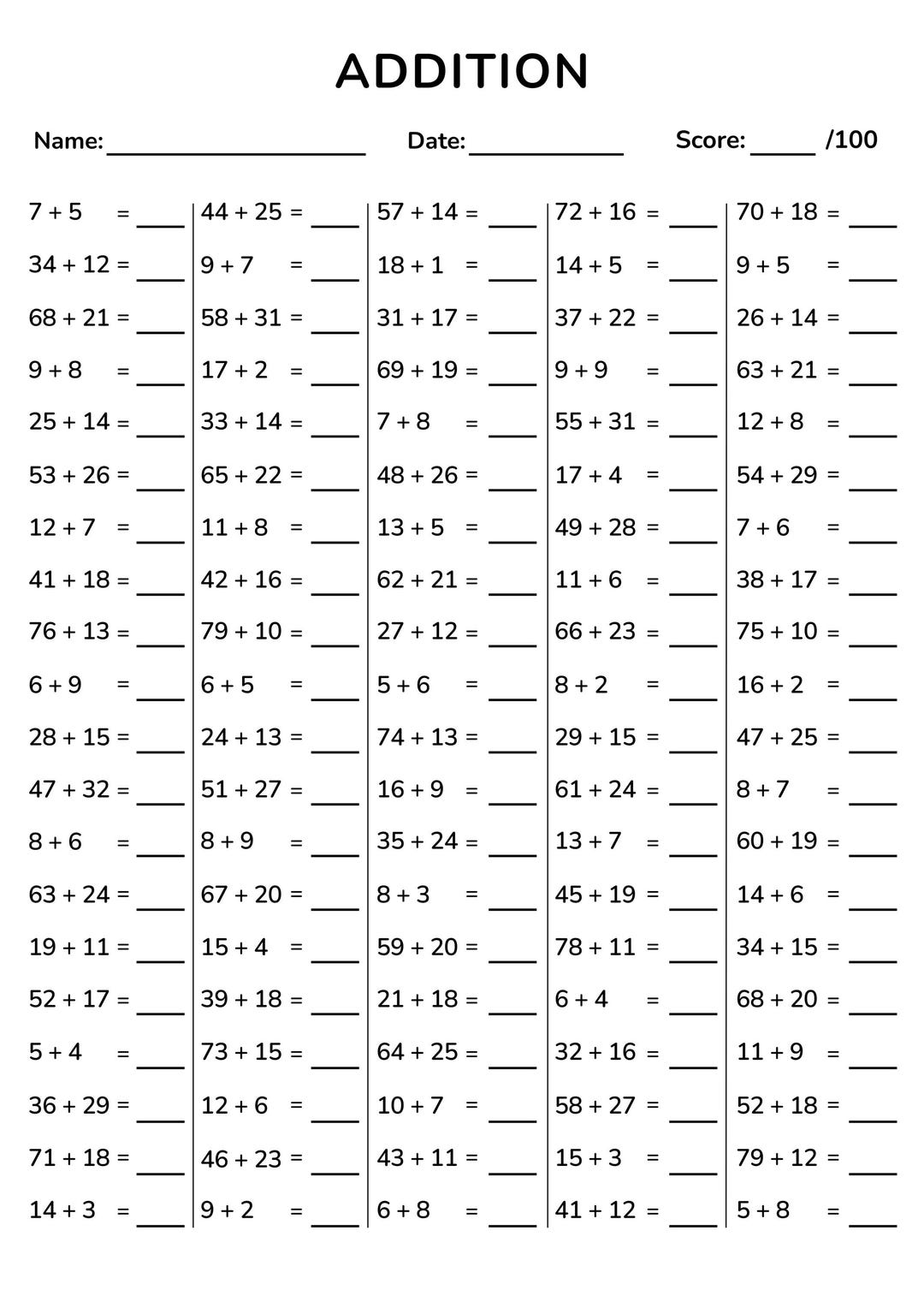 10 Printable Addition Worksheets, Math Practice Pages, Facts to 100 ...
