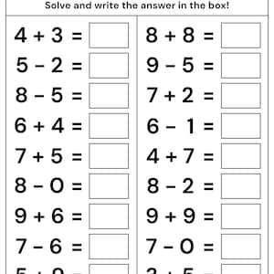 May include: A black and white educational worksheet titled Addition & Subtraction with blank lines for Name and Date. It features two columns of math problems, including 4+3, 5-2, 8-5, 6+4, 7+5, 8-0, 9+6, 7-6, 5+9, 5-3, 8+8, 9-5, 7+2, 6-1, 4+7, 8-2, 9+9, 7-0, 3+5, and 6-0, each with an empty rectangular box for the answer.