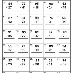 May include: A black and white 2 Digit Subtraction worksheet featuring thirty math problems arranged in a grid. The header includes fields for Name, Date, and Score out of 30. Each numbered cell contains a two-digit number subtracted by another.