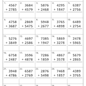 May include: A black and white 4 Digit Addition worksheet featuring thirty math problems arranged in a grid. Each problem consists of two four-digit numbers stacked for addition. The header includes fields for Name, Date, and Score out of 30.