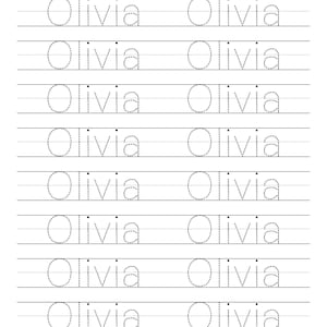 Puede incluir: Una hoja de trabajo educativa de caligrafía blanca con el título My Name Is... seguida de nueve filas de dos columnas, cada una con el nombre Olivia escrito en una fuente punteada para trazar entre líneas horizontales.