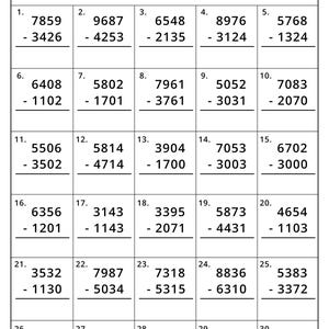 May include: A black and white 4 Digit Subtraction worksheet featuring thirty math problems arranged in a grid. The document includes fields for Name, Date, and Score out of 30, with Page 1 labeled at the bottom. Each numbered problem displays two four-digit numbers stacked for subtraction.