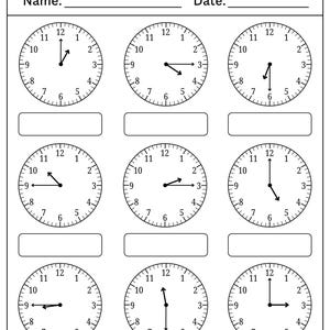 May include: A black and white educational worksheet titled Telling The Time with the instruction Look at the hands on the clocks and write the time. It features nine circular clock faces with hands in various positions and empty rectangular boxes below each clock for writing the time, plus fields for Name and Date.