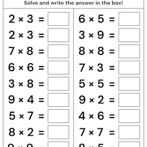 Puede incluir: Una hoja de ejercicios de multiplicación en blanco y negro con un encabezado con líneas para Nombre y Fecha, el título Multiplication y la instrucción Solve and write the answer in the box. Contiene dos columnas de veinte problemas.