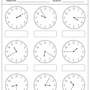 May include: A black and white educational worksheet titled Telling The Time with the instruction Look at the hands on the clocks and write the time. It features nine circular clock faces with various hand positions and empty rectangular boxes.