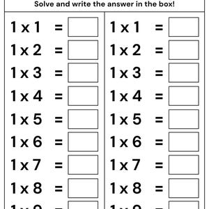 Könnte beinhalten: Ein schwarz-weißes Arbeitsblatt mit dem Titel Multiply by 1 und Zeilen für Name und Datum. Es enthält zwei identische Spalten mit Multiplikationsaufgaben von 1x1 bis 1x10, jeweils gefolgt von einem Gleichheitszeichen und einem leeren Feld.