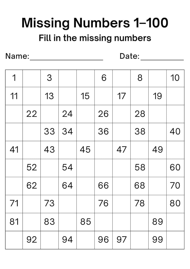 10 Printable Missing Numbers 1–100 Worksheets | Number Chart Practice ...