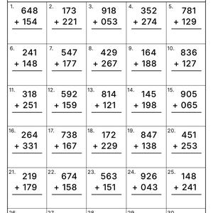 Hojas de ejercicios de suma de 3 dígitos / Práctica de matemáticas para 2.º y 3.º grado (PDF)