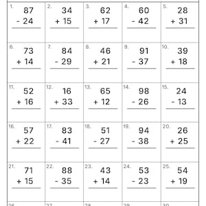Può includere: Una scheda didattica in bianco e nero intitolata 2 Digit Addition and Subtraction. Presenta una griglia di 30 problemi matematici con righe per nome, data e punteggio su 30. Ogni riquadro numerato contiene numeri a due cifre da risolvere.
