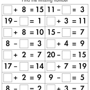 Può includere: Una scheda didattica in bianco e nero intitolata LET'S SOLVE! Find the missing number. Presenta due colonne di sedici equazioni matematiche con caselle quadrate vuote per inserire i valori mancanti di addizione e sottrazione.