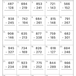 May include: A black and white educational worksheet titled 3 Digit Subtraction with thirty maths problems arranged in a grid. Each problem features two three-digit numbers stacked for subtraction, with blank lines for Name, Date, and Score out of 30.
