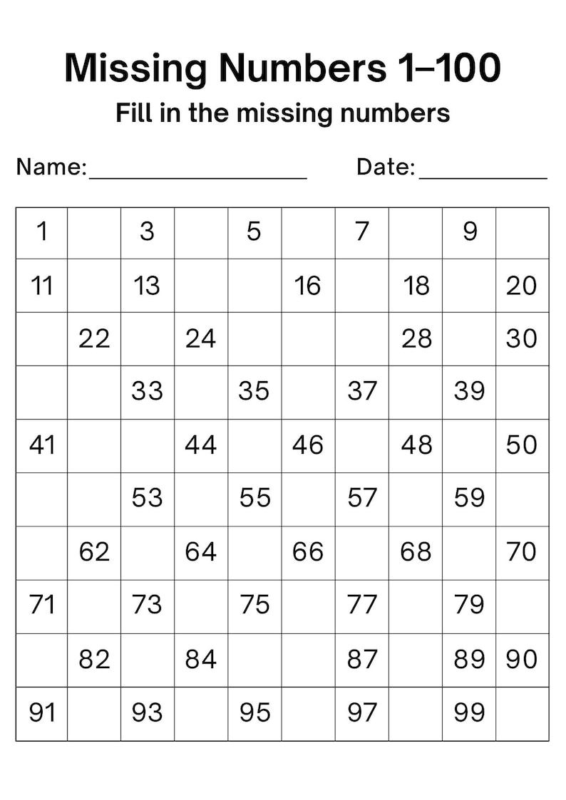 10 Printable Missing Numbers 1–100 Worksheets | Number Chart Practice ...