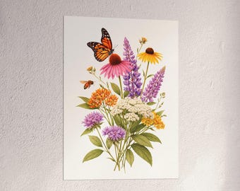 Pollinator Garden Poster Matte Vertical Poster | Native Plant Botanical Wall Art, Bee & Butterfly Print