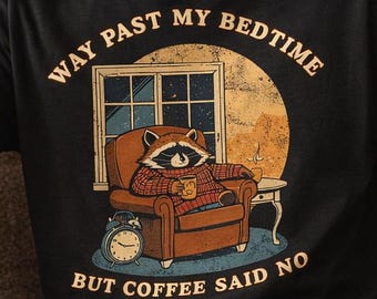 Raccoon Armchair Coffee Tee | Funny Night Owl Graphic T-Shirt