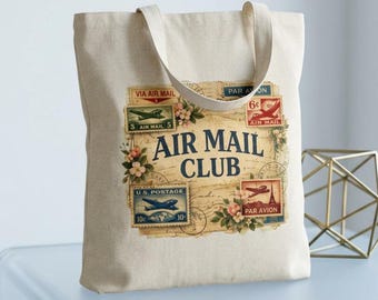 Air Mail Club Tote Bag, Vintage Stamp Collage, Floral Postal, Retro Travel Canvas Bag